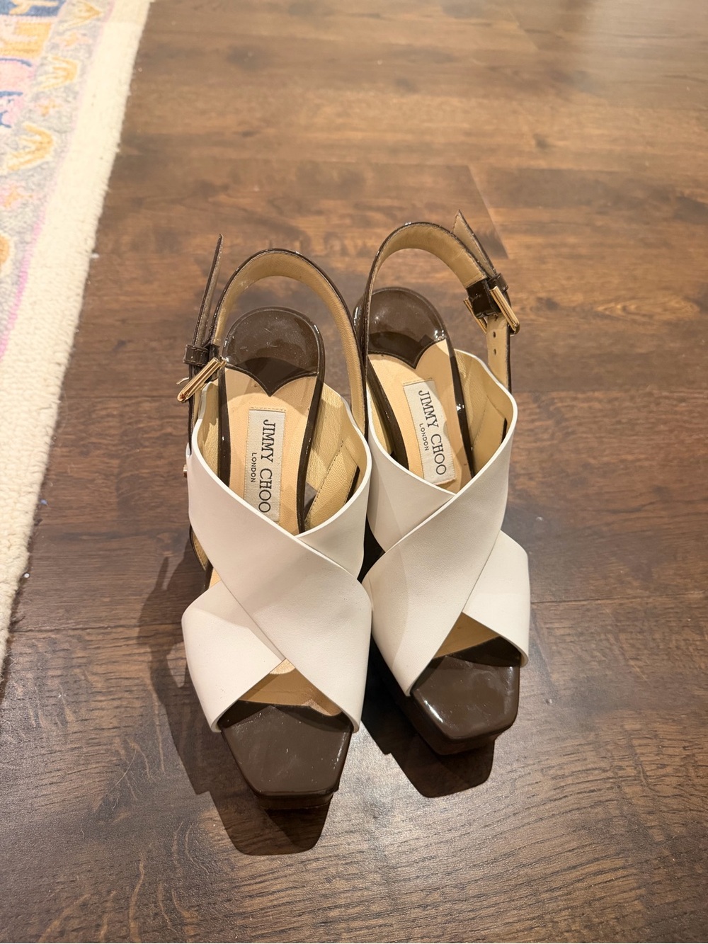 Jimmy Choo White and Brown Leather Crisscross Slingback Heels